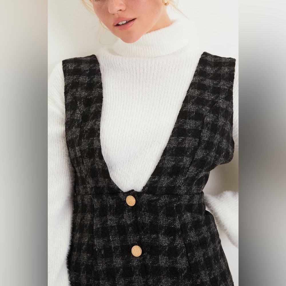 Lulu's Sz Medium Proper Cutie Black Plaid Tweed Preppy Jumper Pinafore Dress - Picture 5 of 6